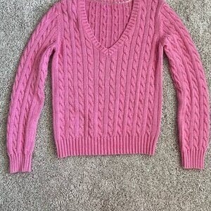 Pink Cable Knit V-Neck Cotton Sweater Preppy Golf